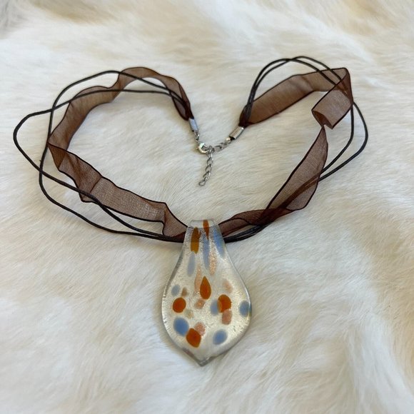 BEautiful Blue Brown Dot Dichroic Fused Glass Pendant 19" Necklace 12532 - Picture 4 of 8